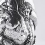 Handcrafted by the florentine master goldsmith Giuliano Foglia, this is a detail of Giganti Champagne bottle cover lid detail featuring a meticulously detailed scene from Dante's Divine Comedy