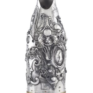 Handcrafted by the florentine master goldsmith Giuliano Foglia, this is the front of Fantasy Champagne bottle cover that has intricately chiseled a series of surrealistic images
