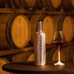 Bottle cover in silver with crocodile texture, set in a wine cellar with barrels, luxury design by K-Over.