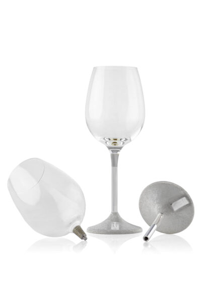 Couple of wine glass with a sleek, modern design. The clear glass cup sits atop a slim metal stem, which transitions into a textured, silver-finished base featuring a small plaque engraved with the word 'KOVER'.