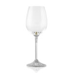 Single wine glass with a sleek, modern design. The clear glass cup sits atop a slim metal stem, which transitions into a textured, silver-finished base featuring a small plaque engraved with the word 'KOVER'.