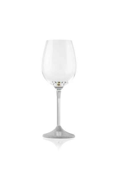 Single wine glass with a sleek, modern design. The clear glass cup sits atop a slim metal stem, which transitions into a textured, silver-finished base featuring a small plaque engraved with the word 'KOVER'.