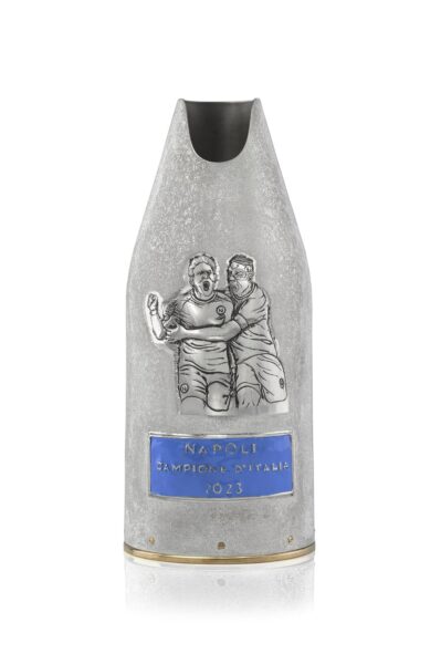 Champagne bottle cover celebrating Napoli Campione d’Italia 2023, silver with blue enamel.