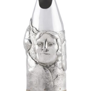 Artistic silver champagne bottle cover, finely engraved with expressive human faces emerging from textured surfaces, creating a sculptural effect that blends contemporary design and traditional craftsmanship.