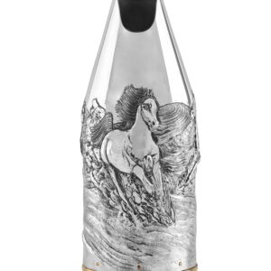Silver champagne bottle cover with a horse drawing on it
